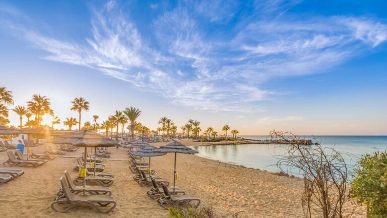 plage de sable Chypre bain de soleil et parasol palmiers et mer